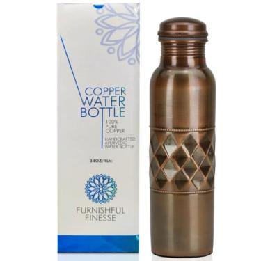 Imagem de FURNISHFUL FINESSE Garrafa de água de cobre puro para beber recipiente de água de 1000 ml com sacos de transporte para ioga academia meditação garrafa ayurvédica - 1000 ml (pacote com 1, garrafa de