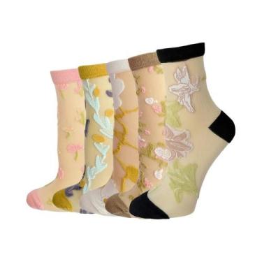 Imagem de Meias De Tornozelo Femininas Com Estampa Floral E De Pássaros, Conjunt