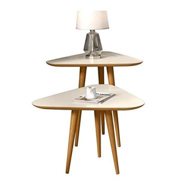Imagem de Jogo 2 Mesas Sala Lateral e Apoio 3 Pontas Estilo Retro Pés Palito cor Off White/Freijó - Comprar Moveis em Casa