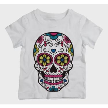 Imagem de Camiseta Infantil Menino Caveira Mexicana Flores Rosa