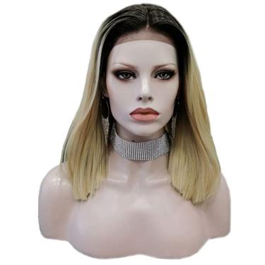 Imagem de Peruca loira ombré, curta, lisa, sintética, lace frontal, peruca de fibra resistente ao calor