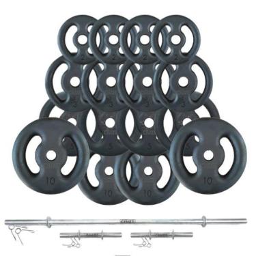 Imagem de KIT ANILHAS 80 KG + 2 BARRAS OCAS 40CM + BARRA MACIÇA 1,50CM-Unissex