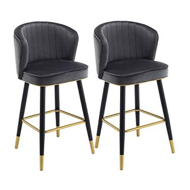 Imagem de Cadeiras de jantar cadeiras de sala de jantar elegantes bancos de bar conjunto de 2, cadeiras de balcão de cozinha de veludo para café da manhã, cadeiras de bar bancos altos com pernas de metal e apoio para os pés para ilha de cozinha, altura do assento 55/65 cm