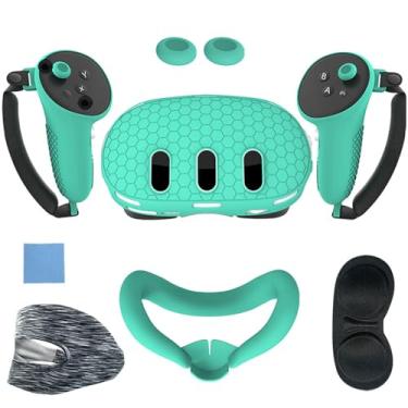 Imagem de Conjunto de acessórios de 7 peças, capa protetora de silicone VR frontal, capa para o controle, capa facial resistente a arranhões e capa para lentes. Adequado para Meta Quest 3 (A, verde)