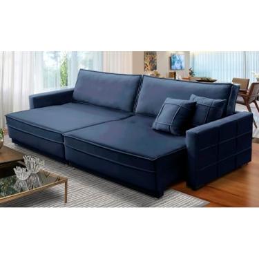 Imagem de Sofá Cama Retrátil e Reclinável 2,10m com Molas Karen Veludo Azul Adonai Estofados
