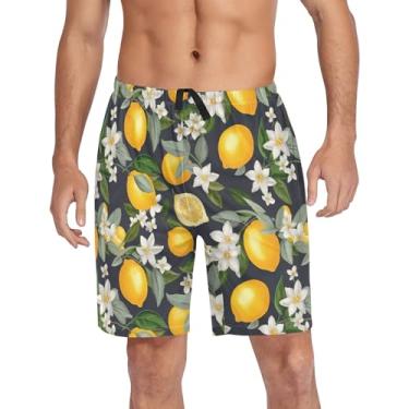 Imagem de CHIFIGNO Shorts de pijama masculino, calça de dormir casual, calça de pijama macia com bolsos e cordão, Flores brancas, limões amarelos, XXG