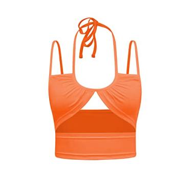 Imagem de Camiseta cropped feminina estampada para treino grande sem mangas linda camiseta verão blusa floral colete de festa, Laranja, G