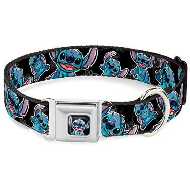 Imagem de Buckle-Down Coleira para cães com fivela de cinto de segurança – poses de ponto/desenho de hibisco preto/cinza/azul – 2,5 cm de largura – serve para pescoço de 38 a 66 cm – Grande