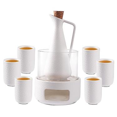 Imagem de ZENS Conjunto de saquê com aquecedor, garrafa de saquê de cerâmica em relevo de 350 ml, 6 copos de saquê e pote de vidro para saquê japonês quente ou frio, conjuntos de presente com toalha de algodão