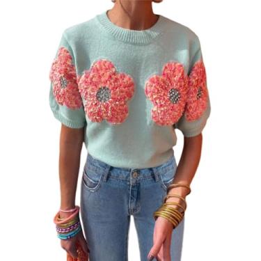 Imagem de Suéter feminino tricotado de flores elegante gola redonda verão puff manga curta suéter pulôver tops, Verde, M