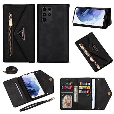 Imagem de Furiet Capa carteira para Samsung Galaxy S24 Ultra 5G com alça de ombro e cordão, 7+ compartimentos para cartões, bolsa flip com zíper, capa de telefone com suporte de couro PU para S24Ultra 24S S 24