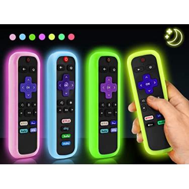 Imagem de (Pacote com 4) Capa ONEBOM para controle remoto Roku, capa para Hisense/TCL Roku TV Steaming Stick/Express Universal Substituição Controladora Silicone Sleeve Skin Brilha no Escuro (Verde Rosa Azul Amarelo)