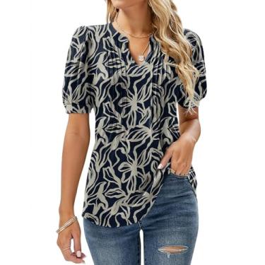 Imagem de Micoson Camisetas femininas plissadas de manga curta com gola V para verão, casual, túnica, Damasco floral azul-marinho, XXG