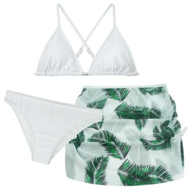 Imagem de Panegy Biquíni feminino de 3 peças com saia e fivela nas costas nuas, roupa de banho floral para 8 a 14 anos, Branco, 10-11 Anos