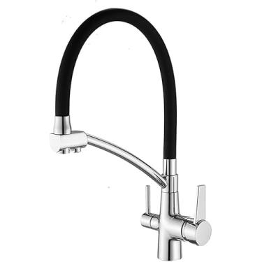 Imagem de Torneira de cozinha de 3 vias com filtro, torneira removível, misturador, purificador de água, latão, bico giratório de 360 ​​graus, prata