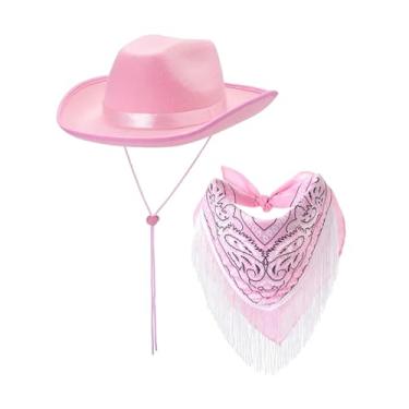 Imagem de Generic Conjunto de chapéu de cowboy ocidental e bandana, chapéu de jazz, chapéu panamá, chapéu de sol, cowgirl, chapéu para clube, praia, festa de, ROSA