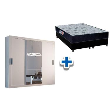 Imagem de Cama Box Casal + Colchão Foggia Sognia + Guarda Roupa Veneza Luxo Branco