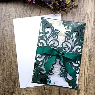 Imagem de 25 cartões de convites de casamento cortados a laser com envelopes, folhas internas em branco, fitas para convites de aniversário de noivado de quinze anos (verde esmeralda pérola)
