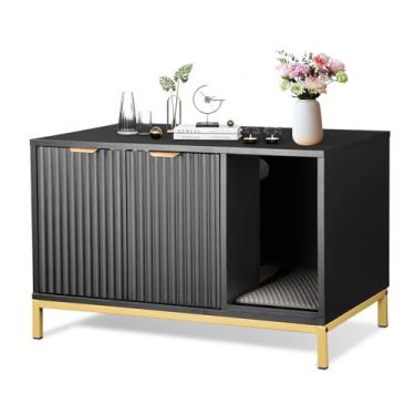 Imagem de QuicMiou Caixa de areia para gatos, móveis de caixa de areia oculta com pernas de metal, mesa lateral armário de armazenamento interno para casa de gato 31,5 x 19,7 x 20 polegadas (preto + ouro)