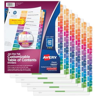 Imagem de Divisórias mensais Avery para 3 anéis, mesa de conteúdo personalizável, abas multicoloridas, 6 conjuntos (11830)