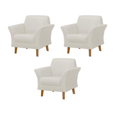 Imagem de Kit 3 Poltronas Retrô Pés em Madeira Maciça Jamaica Linho Crú