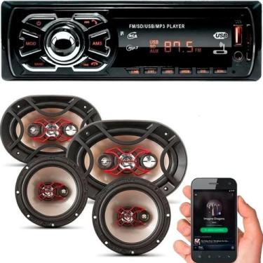 Imagem de Kit Som Carro Rádio Mp3 Bluetooth Usb + Auto Falante 6 + 6x9 - Bravox