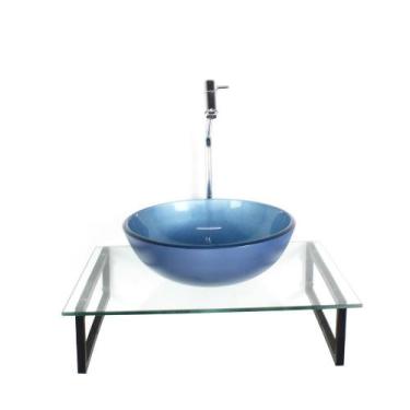 Imagem de Kit Cuba Vidro Redonda 10Mm Azul Tampo 50Cm Incolor E - Cubas E Gabine