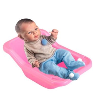 Imagem de Kit Brinquedo Realista Boneco Pode Dar Banho + Banheira Rosa - Monte L