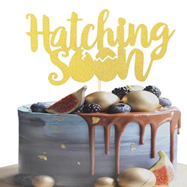 Imagem de LeeLeeAn Topo de bolo Haching Soon - Dourado Glitter Haching Soon Pregnancy Single - Topo de bolo lateral, tema de dinossauro, decorações de festa de chá de bebê, revelação de gênero, suprimentos de