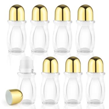 Imagem de BOSMIOW 8 frascos de rolo de óleos essenciais de vidro transparente de 50 ml com tampa dourada e esfera de plástico, garrafas roll-on com desodorante vazio, frascos roll-on de massagem recarregáveis