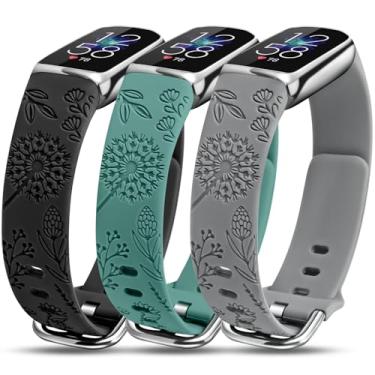 Imagem de Minyee Pacote com 3 pulseiras femininas com gravação floral, compatível com Fitbit Luxe, pulseira de silicone macio com design de dente-de-leão para o verão para relógio inteligente fitness Luxe/Luxe