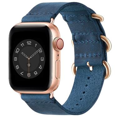Imagem de Pulseira de couro vintage compatível com Apple Watch 38 mm, 40 mm, 41 mm, 42 mm, 44 mm, 45 mm, 49 mm, pulseira retrô de couro genuíno compatível com homens e mulheres iWatch Ultra SE Series 8/7/6/5/4/3/2/1 (azul militar, ouro rosa)