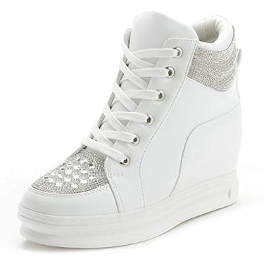 Imagem de Ckrola Tênis feminino moderno plataforma salto plataforma oculto cano alto para mulheres botas plataforma sapatos de trabalho feminino, Branco - 4, 36