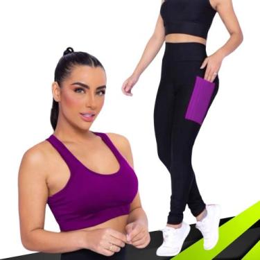 Imagem de Kit conjunto TOP ALÇA MÉDIA bojo + CALÇA LEGGING BOLSOS Feminino Acade