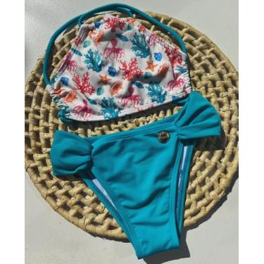 Imagem de biquini infantil cropped  carangueijo calcinha drapeada azul  - Atrevi