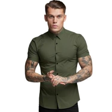 Imagem de Camisa Social Manga curta Masculina Slim Fit - Volgue, Verde militar, 