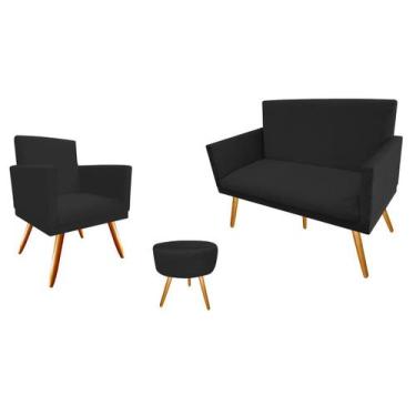 Imagem de Kit Namoradeira + 1 Poltrona Decorativa Nina + Puff Redondo Suede Pret
