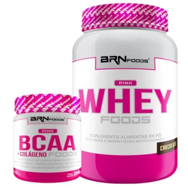 Imagem de Kit Pink Whey c/Colágeno 2kg + BCAA c/Colágeno 250g - BRN Foods (Médio, Chocolate)