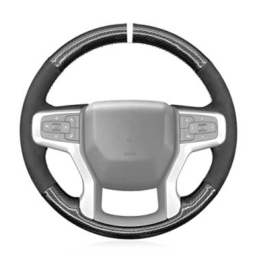 Imagem de MEWANT Capa de volante com ajuste personalizado para Chevrolet, fibra de carbono + camurça costurada à mão para Chevrolet Blazer/Silverado (1500)/Silverado (2500/3500)/ Suburban/Tahoe