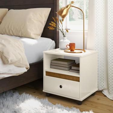 Imagem de Mesa de Cabeceira Quarto Mesinha Apoio Lateral Cama 1 Gaveta Decoração Retrô Box - Offwhite/Freijó