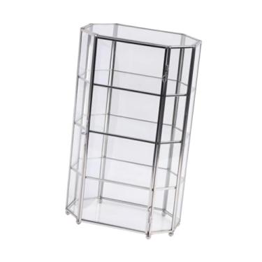 Imagem de Dynwave Caixa de armazenamento de maquiagem de vidro, organizador de cosméticos, moldura de latão, 16,5x10x28,5cm com 4 camadas para salão de beleza