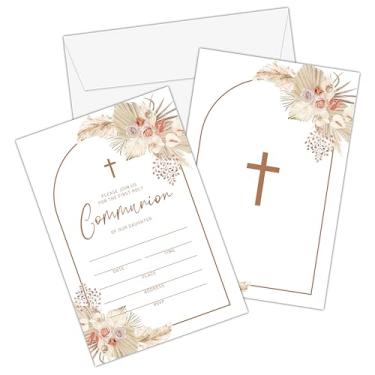 Imagem de Convites de batismo cristão floral Boho com envelopes - Convites de primeira comunhão de grama dos pampas para meninos e meninas - batizado, dedicação de bebê, lembrancinhas de celebração religiosa