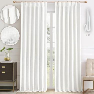 Imagem de Cortinas blecaute plissadas com mistura de linho para quarto - Cortinas pretas de marfim com 2 painéis, conjunto de 2 painéis para escurecimento da sala de estar, cortinas térmicas de janela com