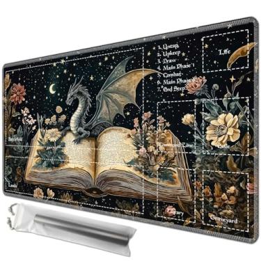Imagem de JANENFNA Playmat 24" x 14" with Magic Zones for MTG Card Game Playing, Board Game Mat for Card Breaking Commander Deck Gaming Card Game Battles Mat with Storage Bags, Dragon Flowers Spell Books