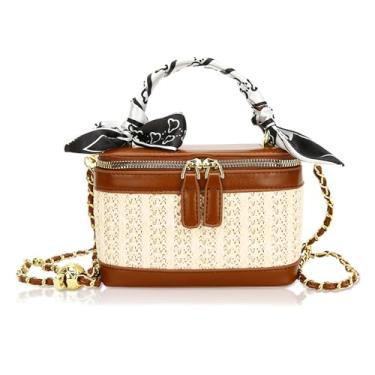 Imagem de QTKJ Bolsa transversal para mulheres, bolsa de praia quadrada, bolsa de palha emendada com couro, alça de ombro ajustável, bolsa de mão de tecido bolsa de ombro (marrom), Marrom, One Size