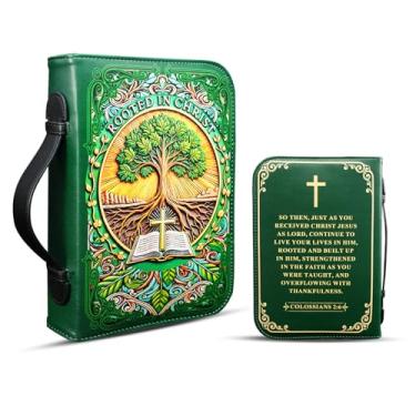 Imagem de Capa da Bíblia Rooted in Christ para mulheres e homens - Faith Scripture Study Bible Carrier Case Bag Accessories Supplies - Organizador de couro com padrão religioso da Bíblia - Presentes de