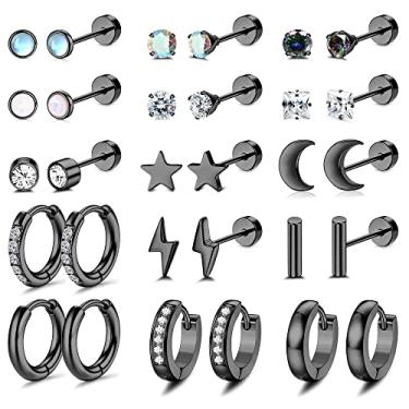 Imagem de HAIAISO Conjunto de 15 pares de brincos de cartilagem de aço cirúrgico para mulheres e homens, 20G, brincos de argola de zircônia cúbica, brincos de argola de pressão trágus, daith, Helix, tarraxa, tarraxa, joia de piercing, Aço inoxidável, Zircônia cúbica