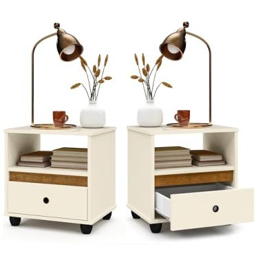 Imagem de Kit 2 Mesa de Cabeceira Quarto Mesinha Apoio Lateral Cama Box Casal Estilo Decoração Retrô Pérola 1 Gaveta (Offwhite/Freijó)