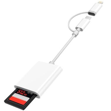 Imagem de Leitor de cartão SD para iPhone, iPad, adaptador de cartão SD de memória USB-C duplo e conector Lightning, suporta cartões SD/MicroSD, visualizador de câmera de trilha de alta velocidade, conectar e