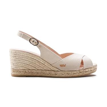 Imagem de Alpargata de lona Viscata Llansa salto anabela de 3,5 cm, Espanha Feito à mão. Sandálias femininas super fáceis com tira ajustável no tornozelo e bico aberto sexy, sola de juta ecológica. Os sapatos perfeitos para festas e casuais, Bege, 4